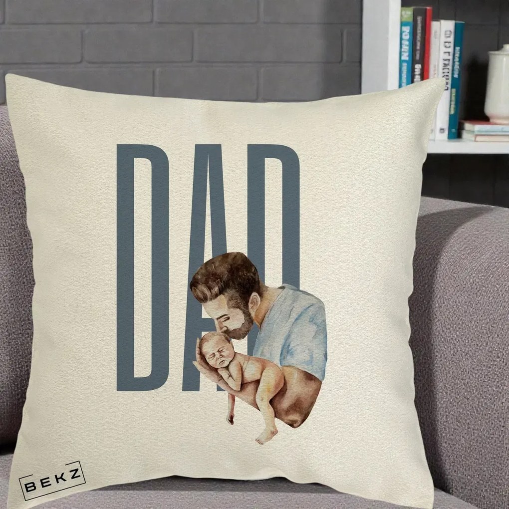 Cadou pentru Tata - Perna Personalizata DAD Tata si Nou-Nascut, 40x40 cm, Ecru, Husa Detasabila, Perna Inclusa, BEKZ®