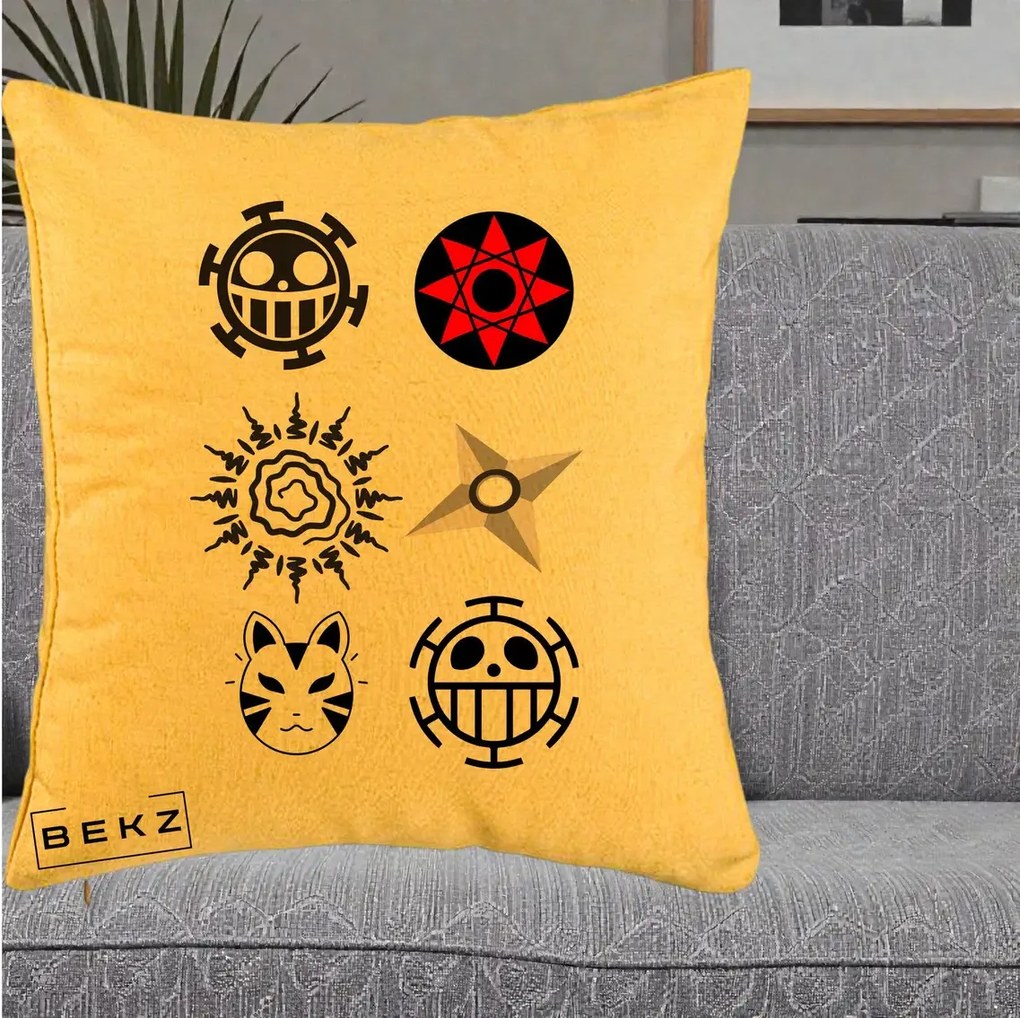 Perna Personalizata Simboluri Anime Mix - Naruto One Piece, 40x40 cm, Galben, Husa Detasabila, Perna Inclusa, BEKZ®
