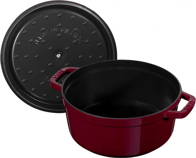 Oala din fonta Staub La Cocotte 40502-278-0, 6,7 l, 28 cm, de la -20°C pana la 260 °C, Emailata, Capac cu structura anti-picaturi, Toate plitele inclusiv inductie, Bordeaux
