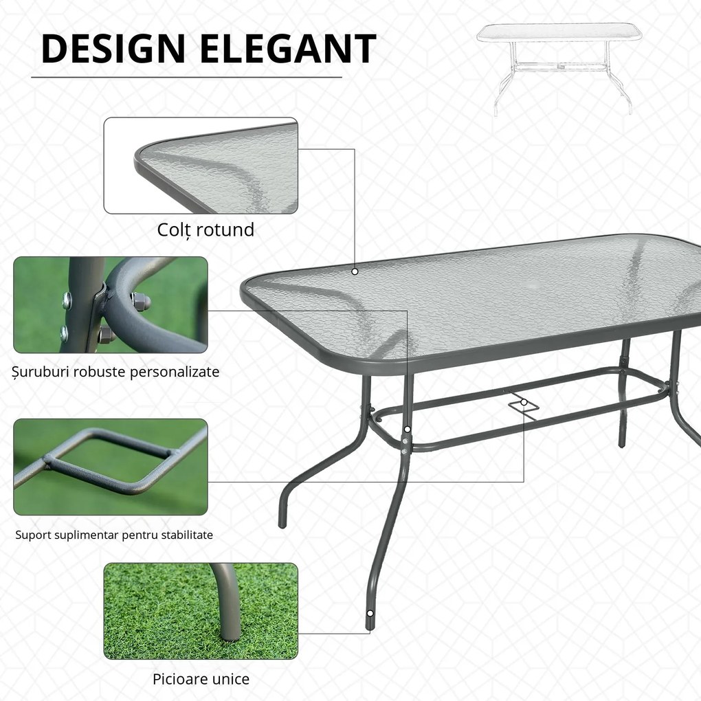 Outsunny Masă de Exterior din Metal și Sticlă Temperată cu Orificiu pentru Umbrelă, Ideală pentru Terasă/Grădină/Verandă, 140x80x70cm | Aosom Romania