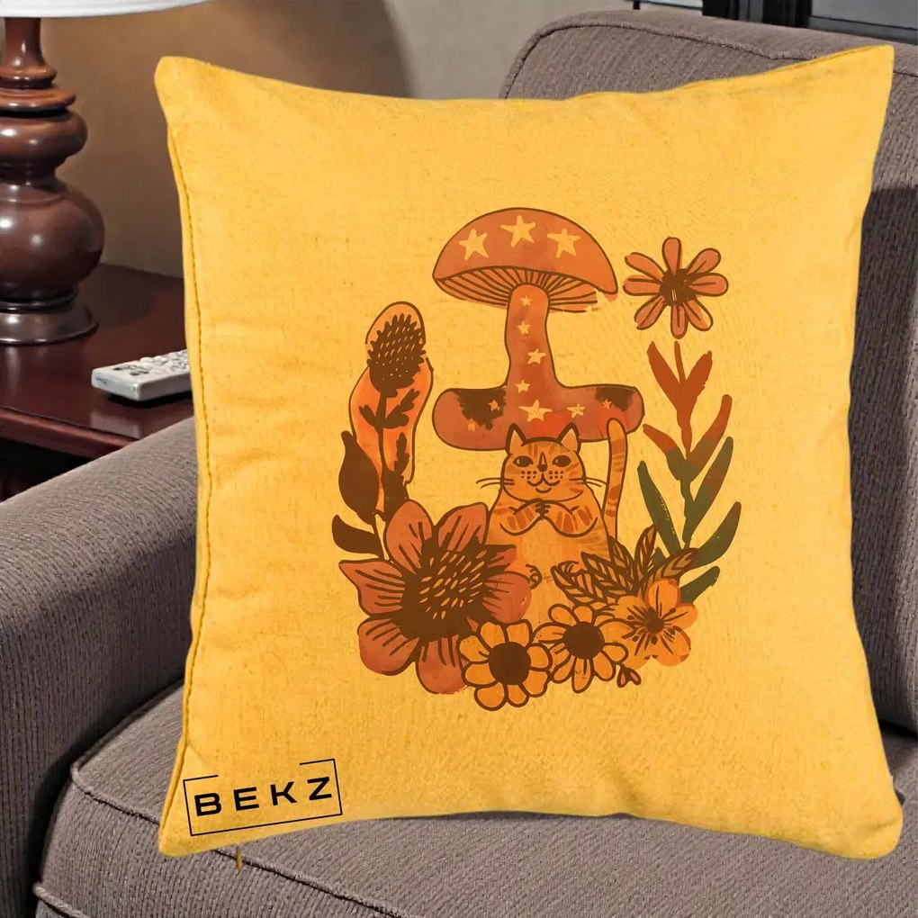 Perna Decorativa Ciuperca Pisica Boho, 40x40 cm, Galben, Husa Detasabila, Perna Inclusa, BEKZ®