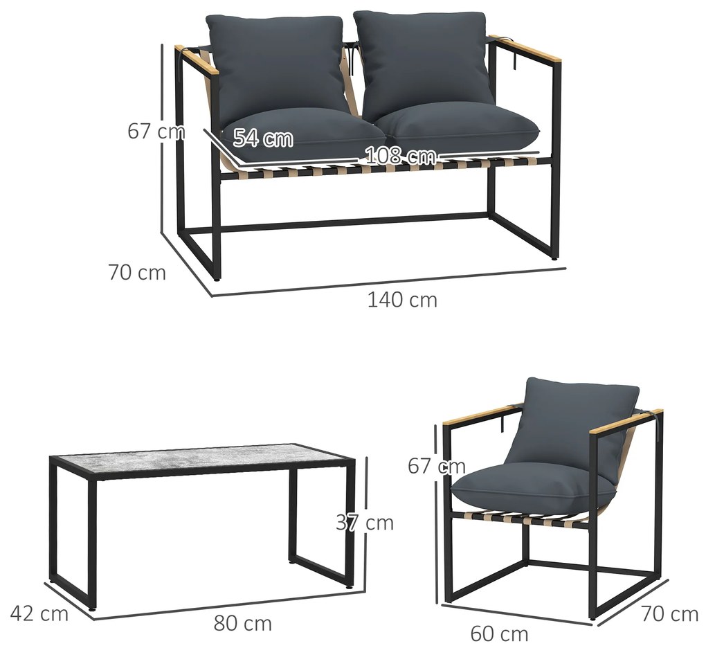 Outsunny set mobilier grădină 4 piese, 2 fotolii, canapea 2 persoane, masă, perne incluse, gri | Aosom Romania
