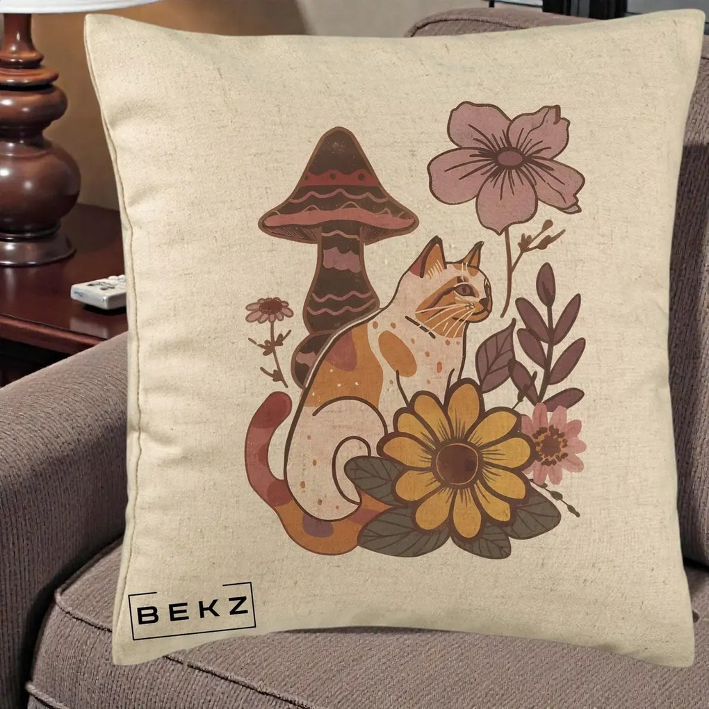 Perna Decorativa Pisica Vintage Florala Boho, 40x40 cm, Bej, Husa Detasabila, Perna Inclusa, BEKZ®