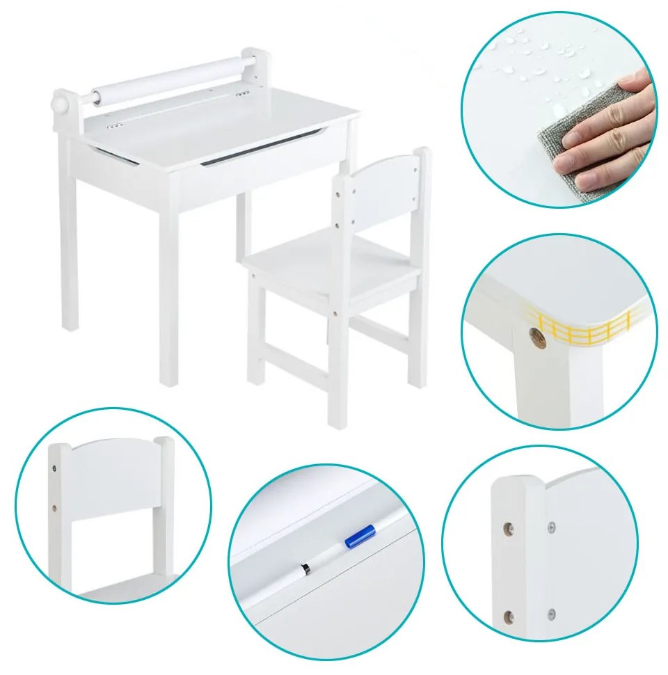 Măsuță pentru copii cu scaun și blat rabatabil, alb