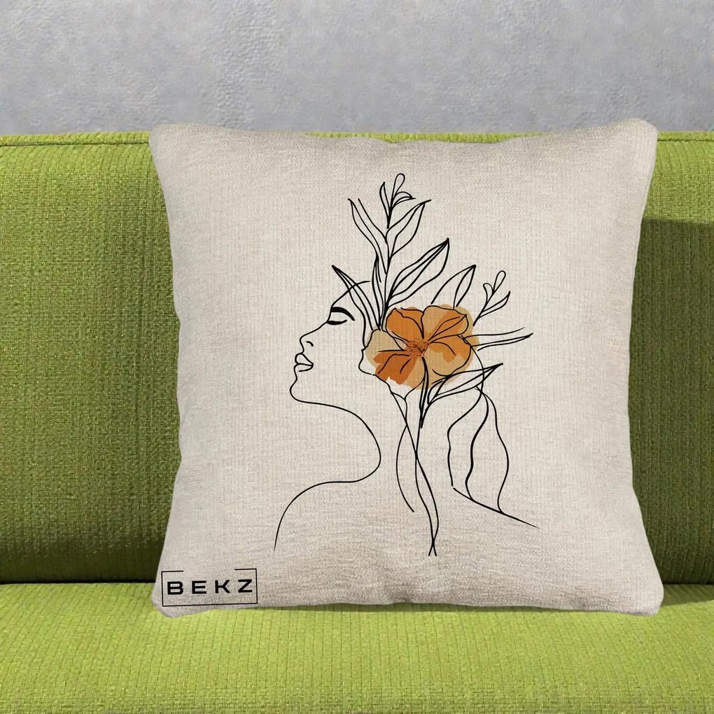 Perna Decorativa Portret Feminin Floare Portocalie Lateral, 40x40 cm, Bej Canapea, Husa Detasabila, Perna Inclusa, BEKZ®
