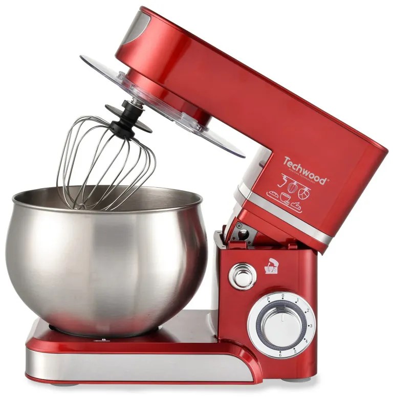 Mixer planetar Techwood TRO-1065, 1000W, 5 litri, 6 viteze, Pulse, Protectie la suprasarcina, Rosu/Inox