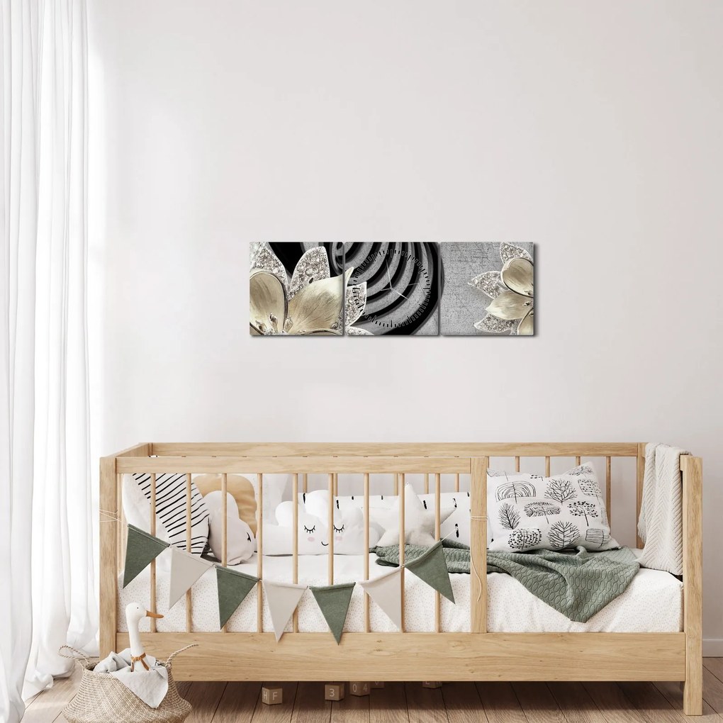 Tablou - 3D Flori aurii (cu ceas) (90x30 cm)