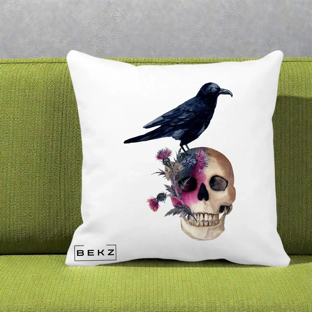 Perna Decorativa Craniu cu Corb si Flori Gothic, 40x40 cm, Alba Mata, Husa Detasabila, Perna Inclusa, BEKZ®