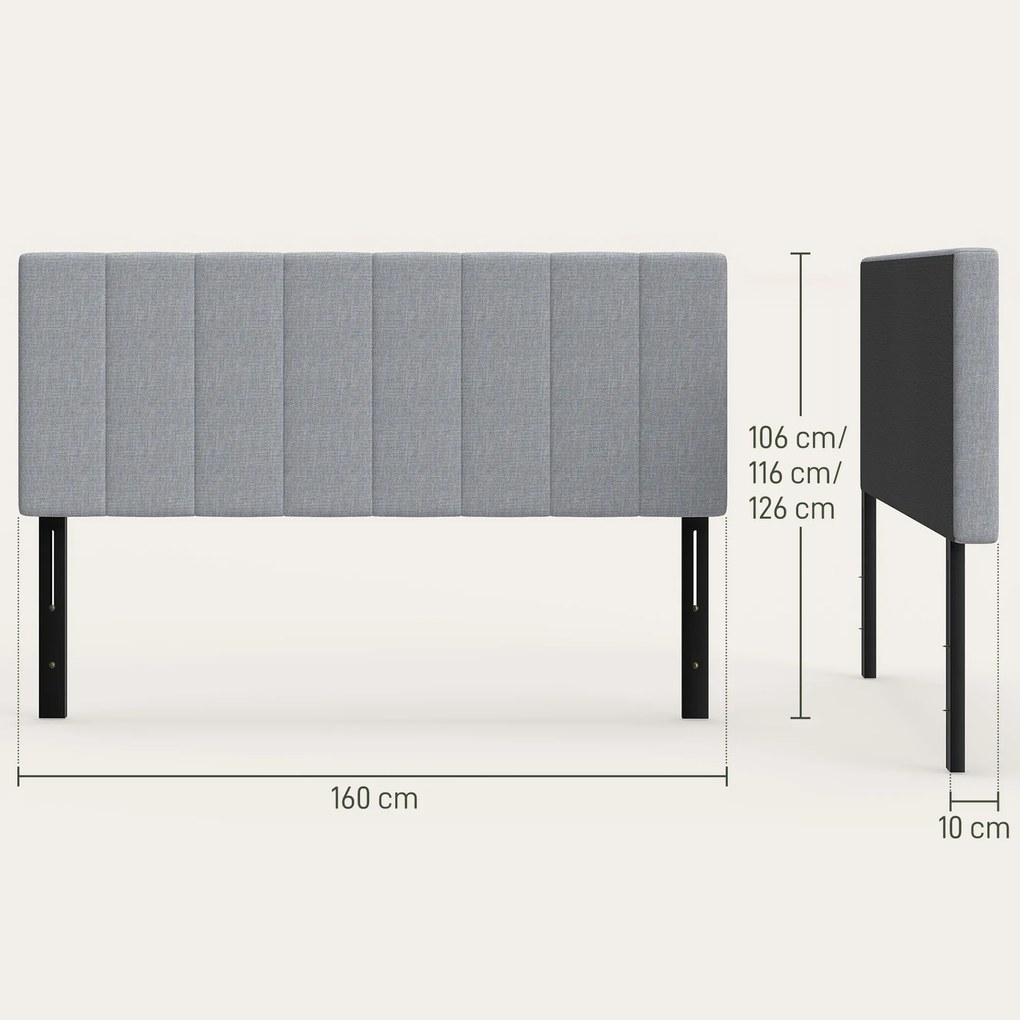 HOMCOM Tăblie reglabilă în 3 trepte tăblie tapițată cu picioare metalice aspect in pentru dormitor 160x10x106/116/126 cm Gri | Aosom Romania