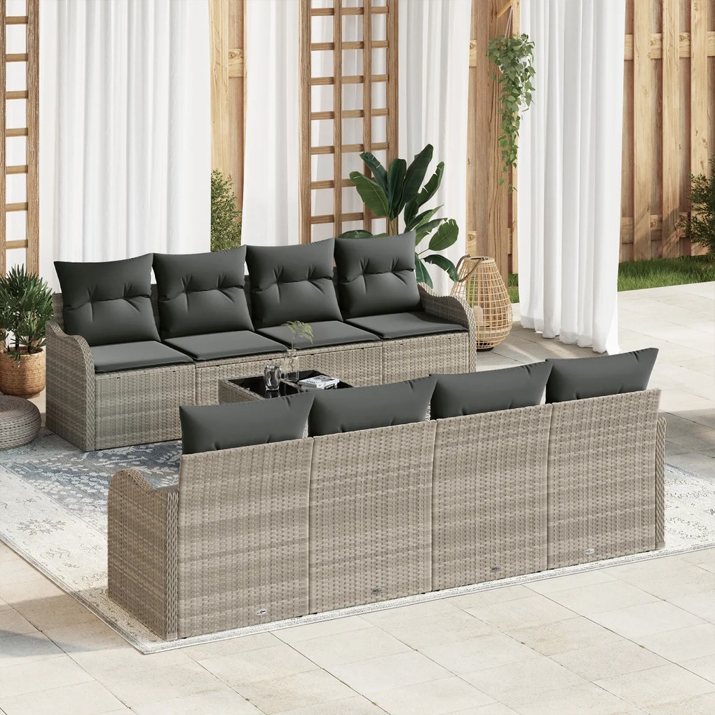 Set de canapele pentru grădină vidaXL de 9 piese cu perne gri deschis din ratan polimer