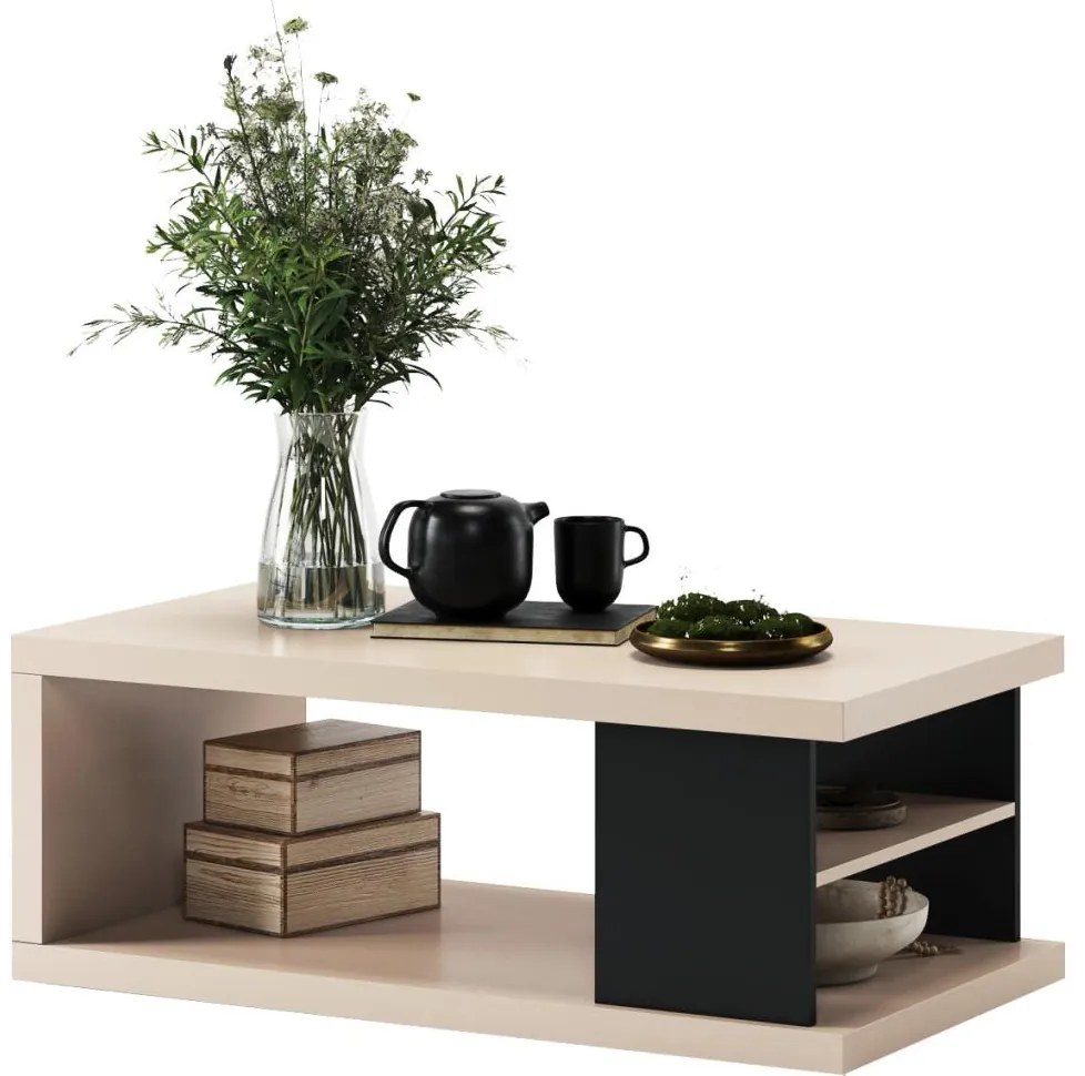 Masă de cafea LORA, bej/negru, cu poliță și spațiu de depozitare