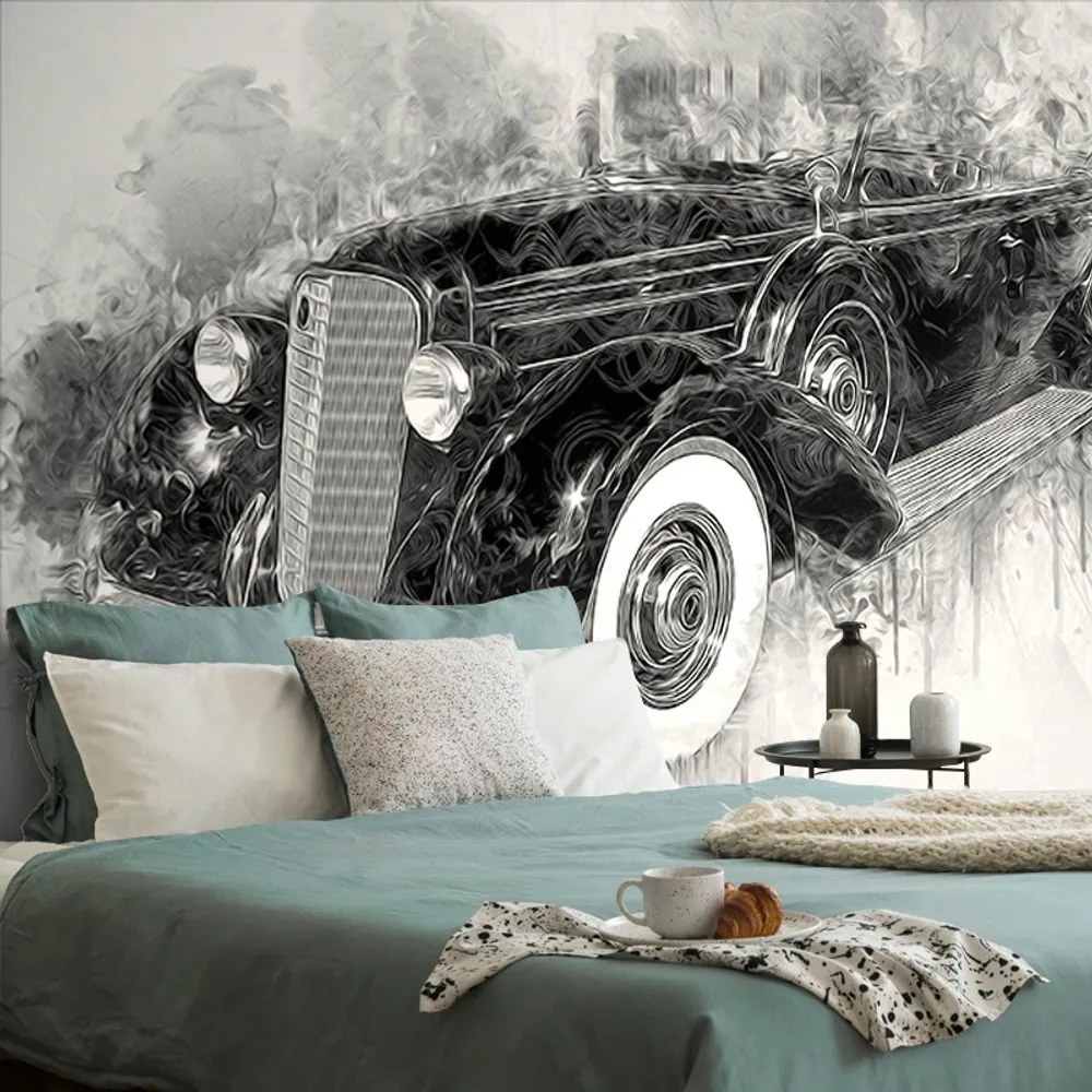 Tapet autoadeziv mașină retro în alb-negru