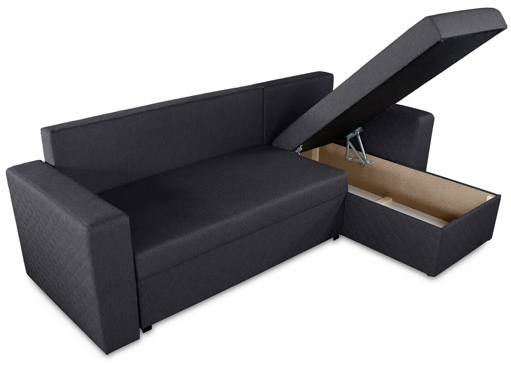 Coltar extensibil reversibil Napoli Negru, cu lada de depozitare, 247x148x78 cm