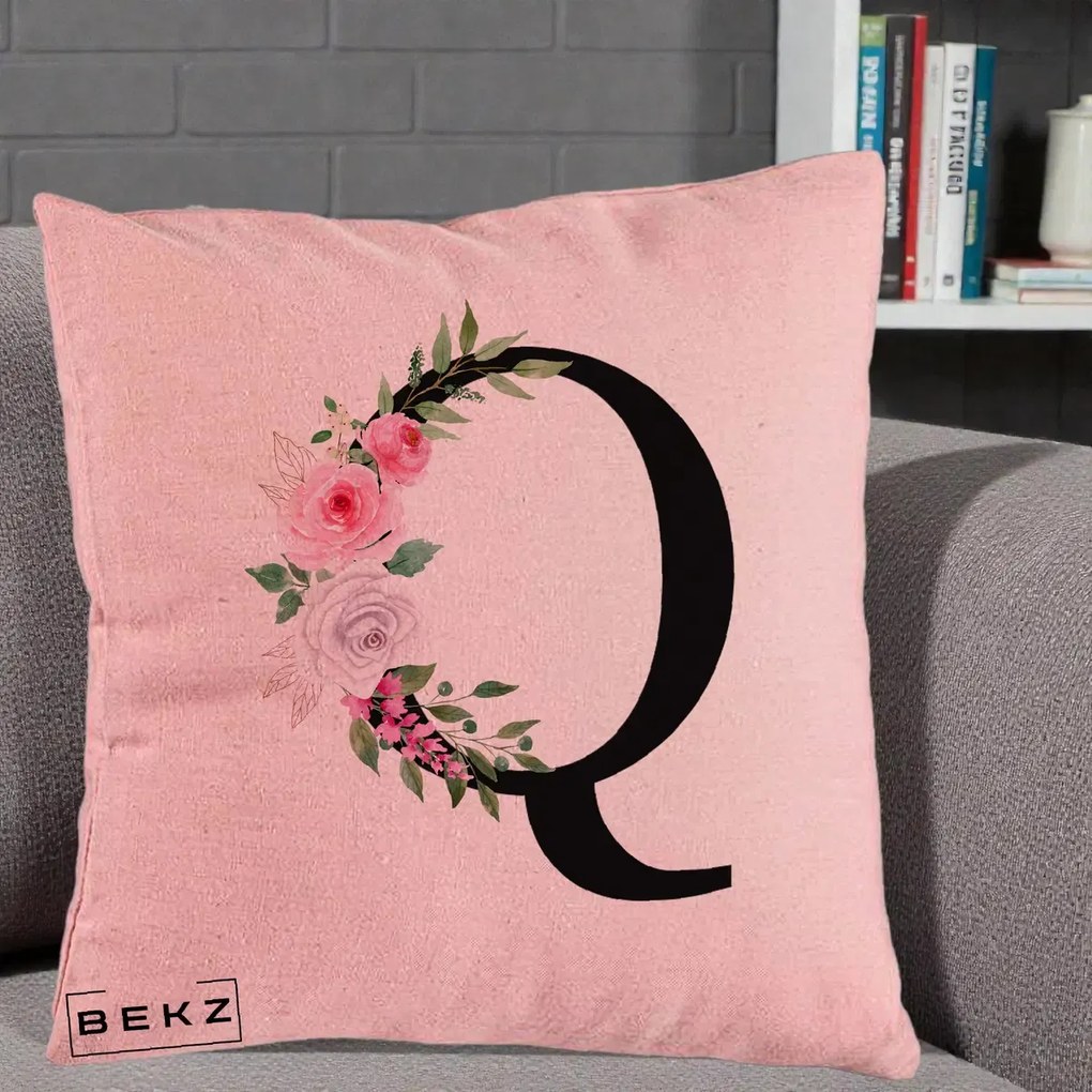 Cadou Personalizat - Perna Personalizata Monograma Florala Litera Q, 40x40 cm, Roz, Husa Detasabila, Perna Inclusa, BEKZ®