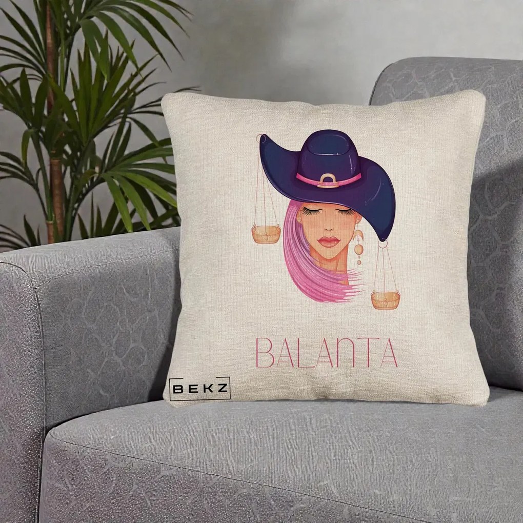Perna Personalizata Zodiac Balanta Cowgirl, 40x40 cm, Bej Canapea, Husa Detasabila, Perna Inclusa, BEKZ®