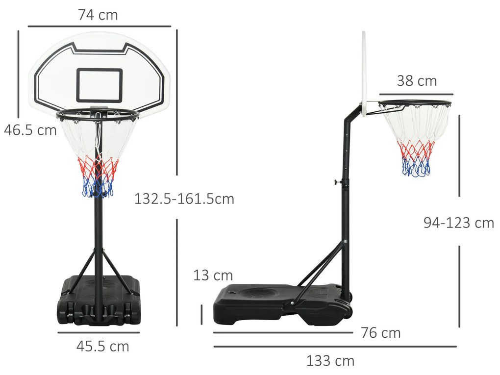 HOMCOM Coș Baschet pentru Copii cu Înălțime Reglabilă, Bază care se Umple și Roți, 74x46.5x161.5 cm, Multicolor | Aosom Romania