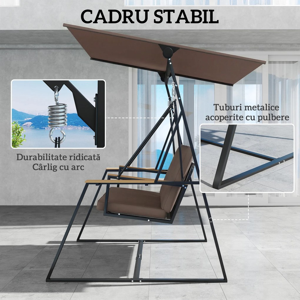Outsunny Balansoar de Grădină cu 3 Locuri și Acoperiș Reglabil, Balansoar de Exterior din Metal cu Tăvi pentru Băuturi, Perne Imbătute, Capacitate 360kg, pentru Terasă sau Balcon, 222x131x175 cm, Maro | Aosom Romania