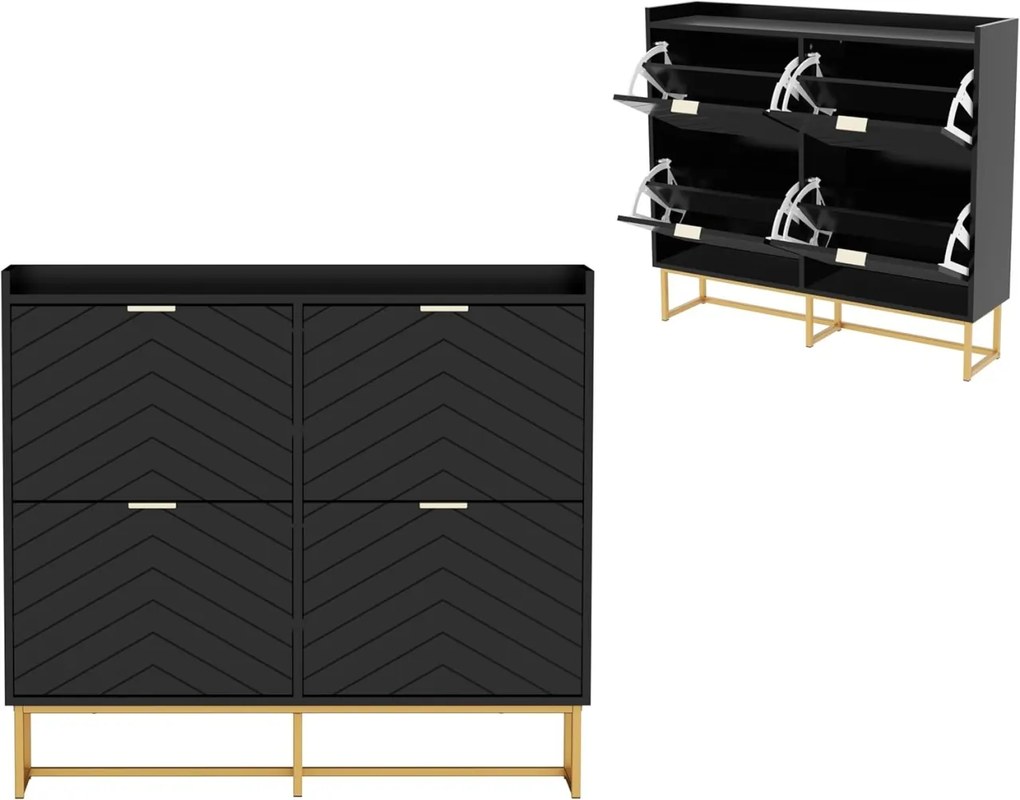 PANN5 - Pantofar 100 cm ingust, 4 compartimente, pantofare, depozitare pantofi, mobilier hol - Negru / Albastru / Gri - Auriu