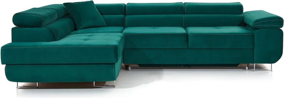 Colțar verde extensibil/cu spațiu de depozitare cu tapițerie din catifea (cu colț pe partea stângă/în formă de ”L”) Anton – ELTAP