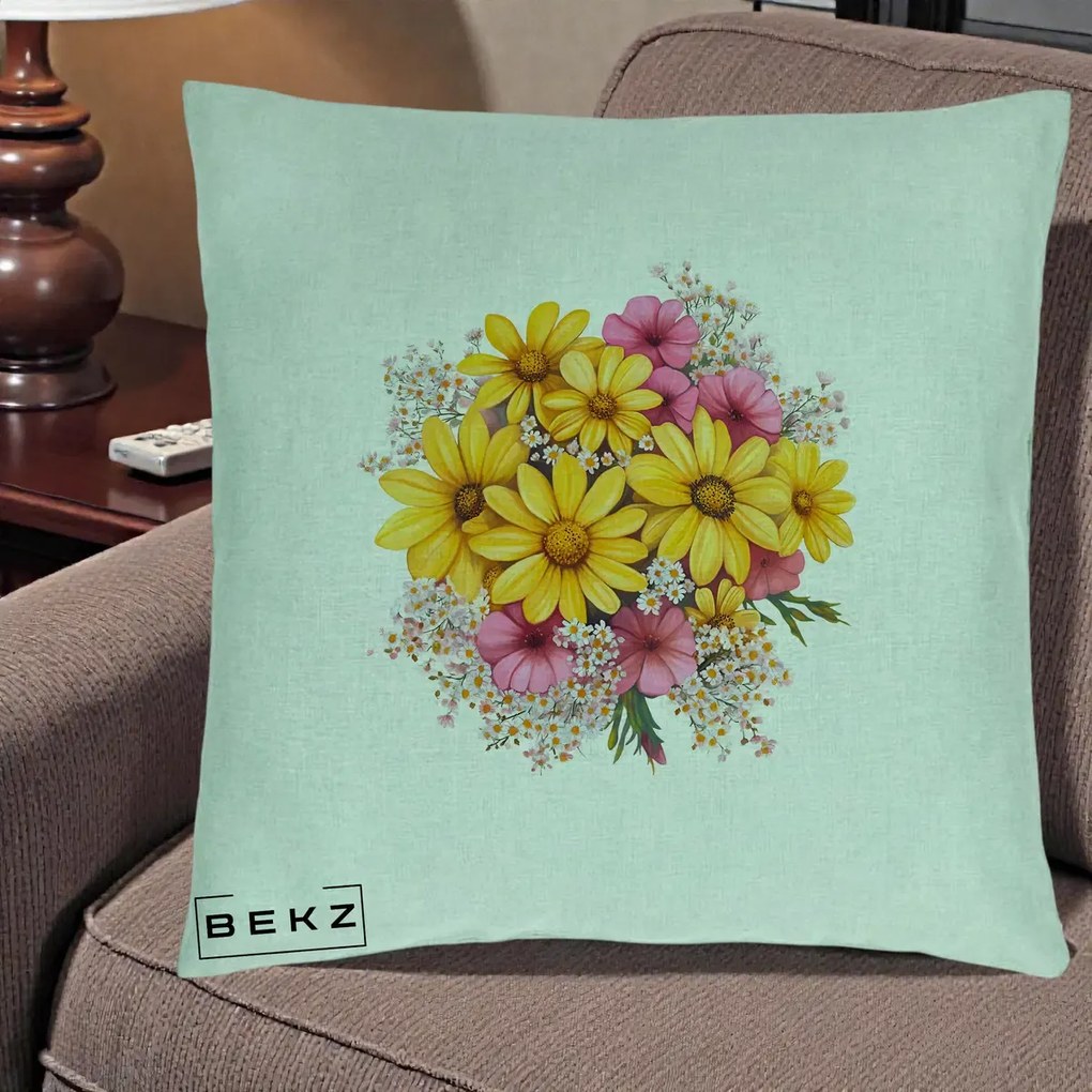 Perna Decorativa Floarea-Soarelui cu Cosmos Roz si Gypsophila, 40x40 cm, Verde Menta, Husa Detasabila, Perna Inclusa, BEKZ®