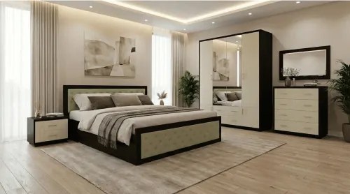 Dormitor Torino cu pat cu somiera metalica rabatabila pentru saltea 140x200 cm, Wenge / Brad