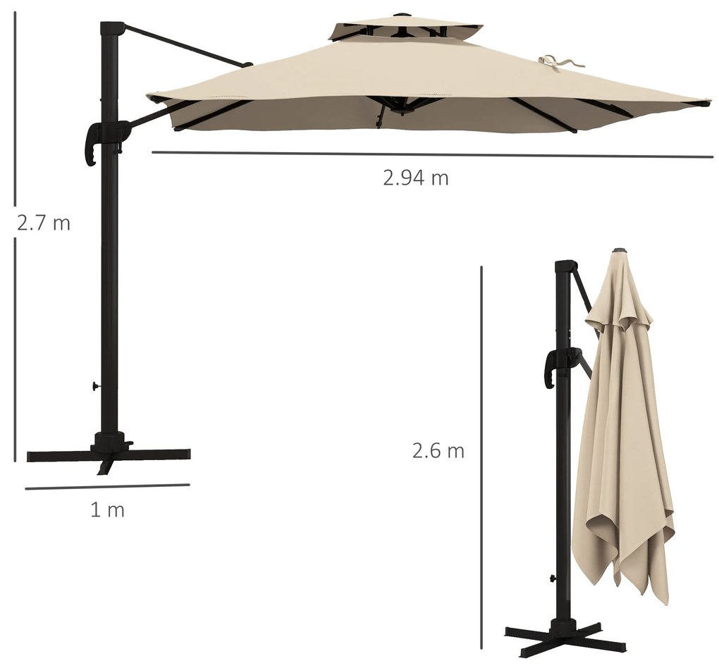 Outsunny Umbrelă de Soare cu Braț Înclinat în 6 Poziții cu Acoperiș pe 2 Niveluri, Umbrelă de Grădină din aluminiu și poliester, 294x294 cm, kaki | Aosom Romania