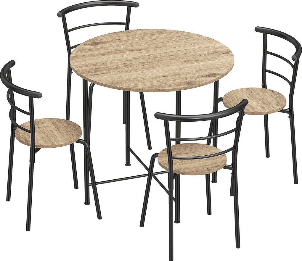 HOMCOM Set Masă Rotundă de Dining cu 4 Scaune Economisitor de Spațiu în Lemn și Metal Stil Industrial | Aosom Romania