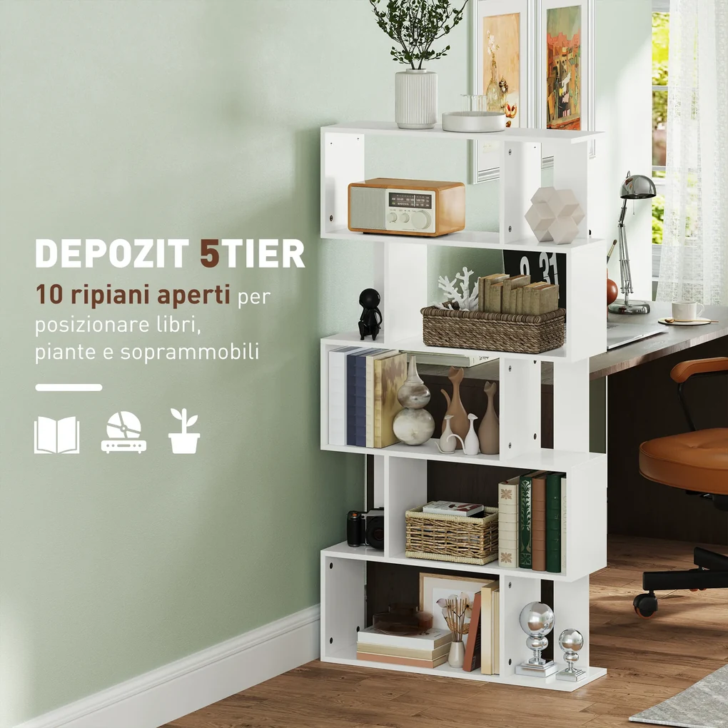 HOMCOM Bibliotecă Asimetrică în Formă de S cu 5 Niveluri și 10 Rafturi Deschise, 80x24x159 cm, Alb | Aosom Romania