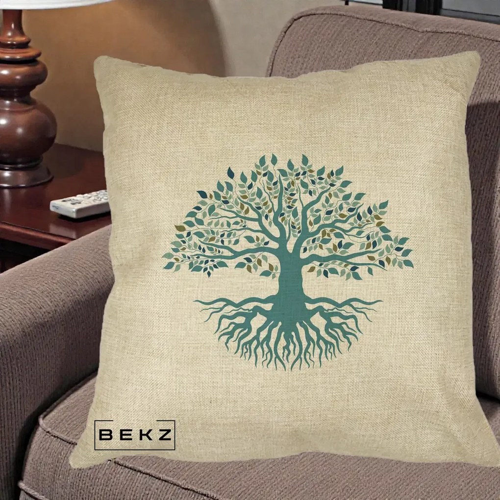 Perna Decorativa Copacul Vietii Teal cu Radacini, 40x40 cm, Crem, Husa Detasabila, Perna Inclusa, BEKZ®