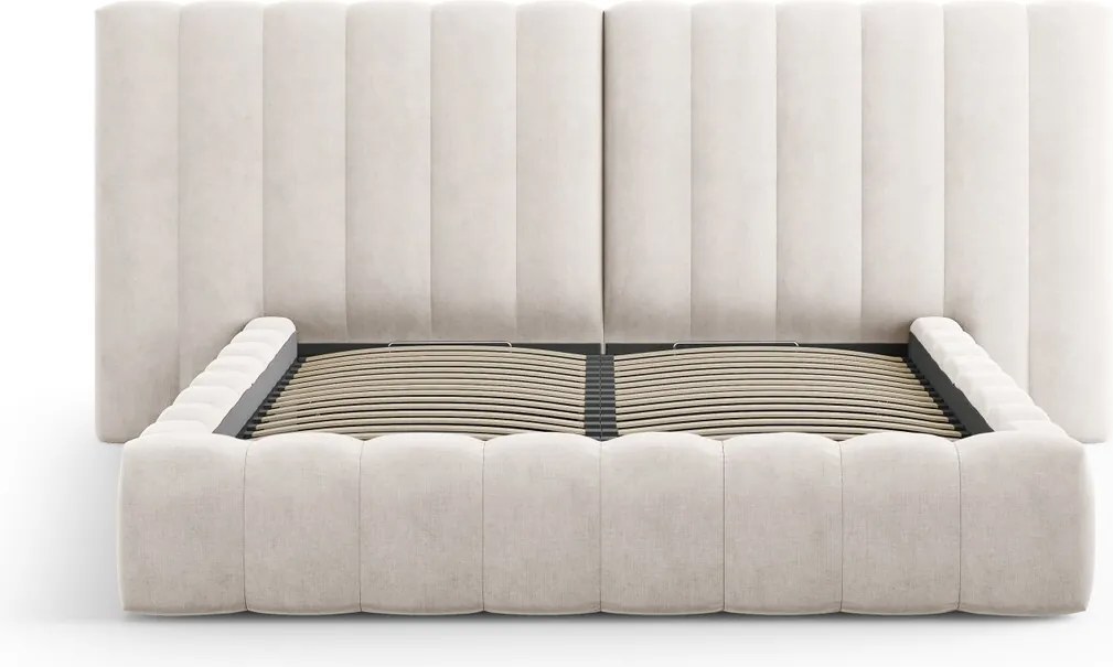 Pat tapitat cu somiera rabatabila si lada depozitare, 200x200 cm, Micadoni Home, Kelp-138, tablie dubla, tesatura structurata chenille, bej