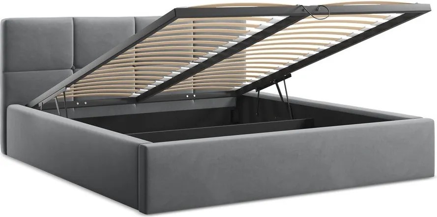 Pat matrimonial gri închis tapițat din catifea cu spațiu de depozitare cu somieră 140x200 cm Hiko – Makamii