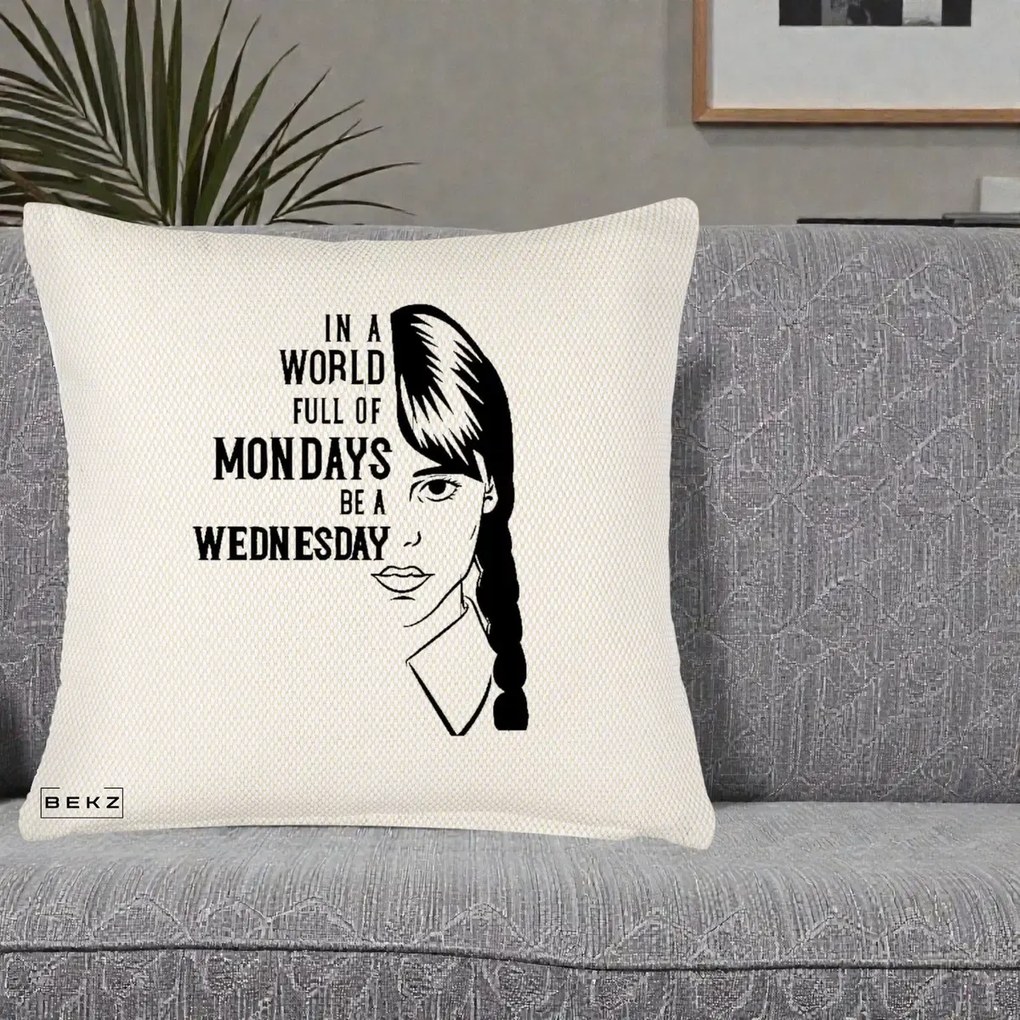 Perna Personalizata Wednesday Be a Wednesday, 40x40 cm, Crem Reliefat, Husa Detasabila, Perna Inclusa, BEKZ®