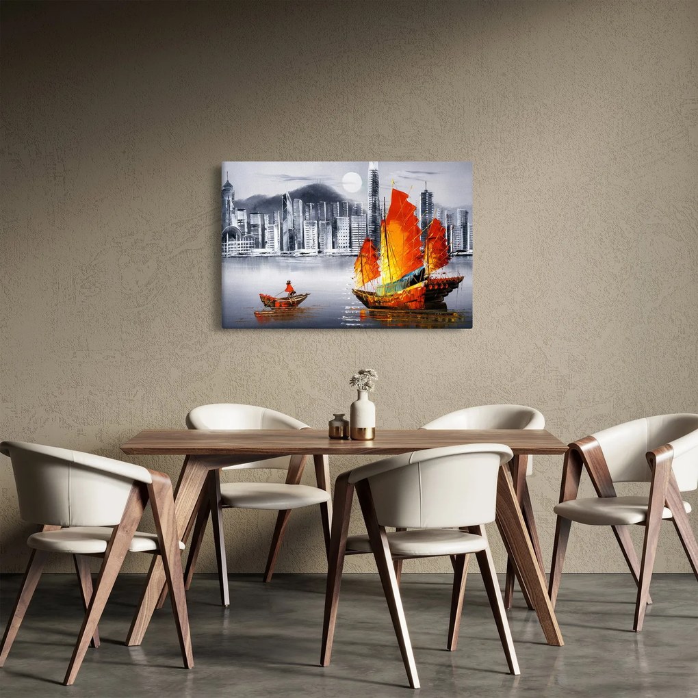 Tablou - Victoria Harbour, Hong Kong, pictură în ulei alb- negru (90x60 cm)
