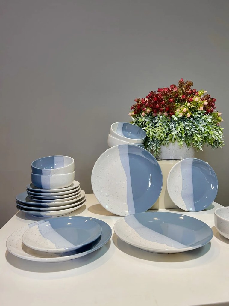 Set Farfurii 3 piese Artizan Albastru Indigo Pal (1 Farfurie 26cm, 1 Farfurie 20cm, 1 Bol 450ml) produs glazurat manual