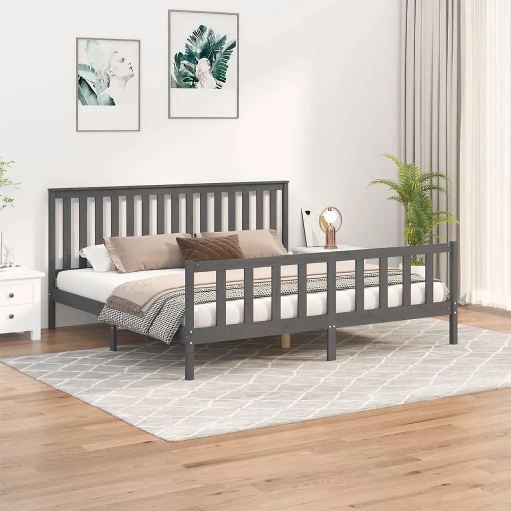 vidaXL Cadru pat cu tăblie 200x200 cm, gri, lemn masiv de pin