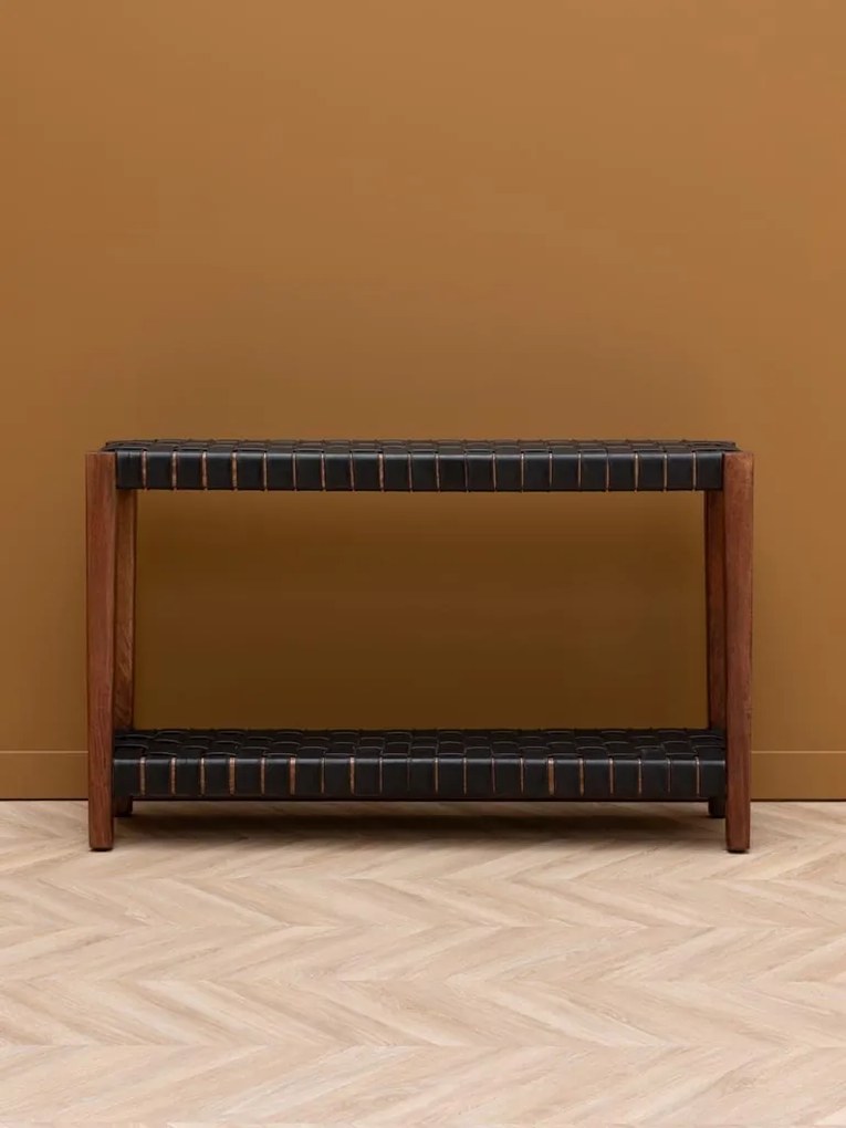 Consolă din lemn de mango și piele naturală împletită, cu 2 niveluri, maro antichizat, finisaj satinat, 130×35×78.5 cm, „Klami"