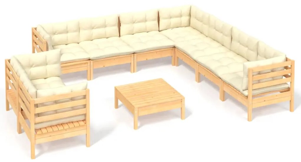 3096905 vidaXL Set mobilier grădină cu perne crem, 10 piese, lemn masiv de pin