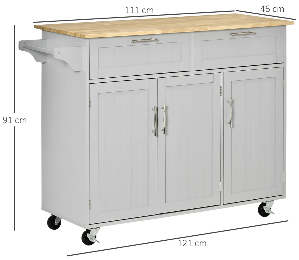 HOMCOM Cărucior Bucătărie Gri, Design Multifuncțional cu 2 Sertare, 3 Uși, 4 Roți, din Lemn și MDF, 121x46x91cm | Aosom Romania