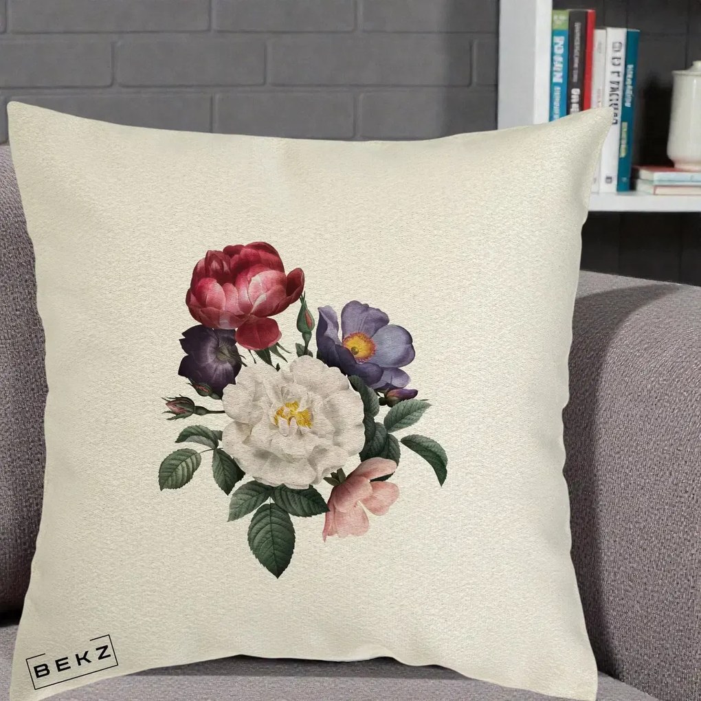 Perna Decorativa Buchet Trandafiri Bujori Botanical, 40x40 cm, Ecru, Husa Detasabila, Perna Inclusa, BEKZ®