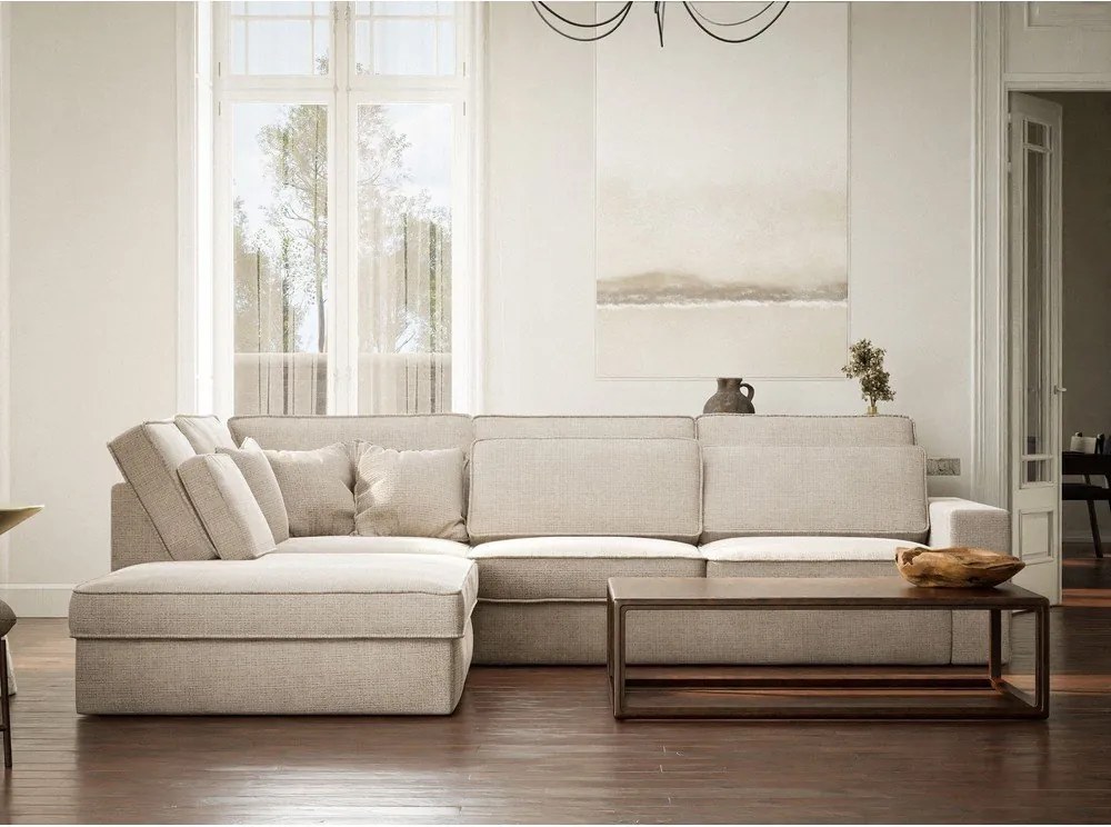 Colțar crem cu tapițerie din chenille (cu colț pe partea stângă/în formă de ”L”) Kirou – Maison de Rêve