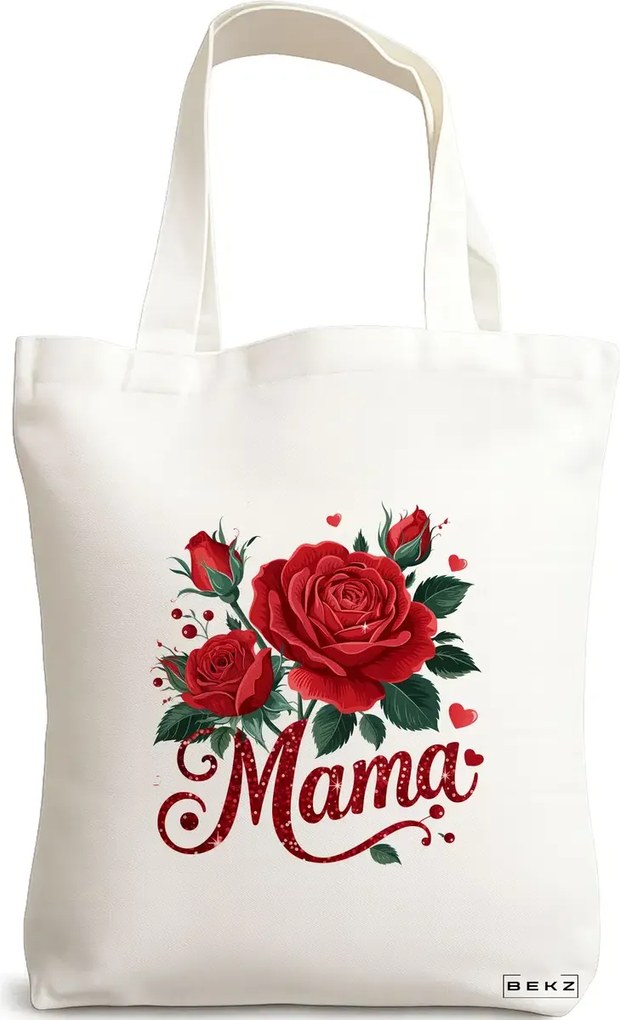 Sacosa de Panza pentru Cumparaturi, Geanta Tote, model Mama Red Roses 38 x 34.5 cm, Alba, BEKZ®