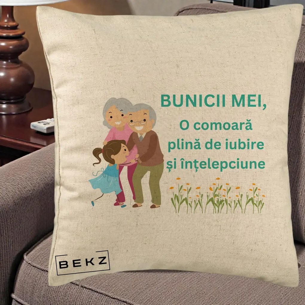 Cadou pentru Bunici - Perna Personalizata Bunicii Mei Comoara Iubire Intelepciune Nepoata, 40x40 cm, Bej, Husa Detasabila, Perna Inclusa, BEKZ®
