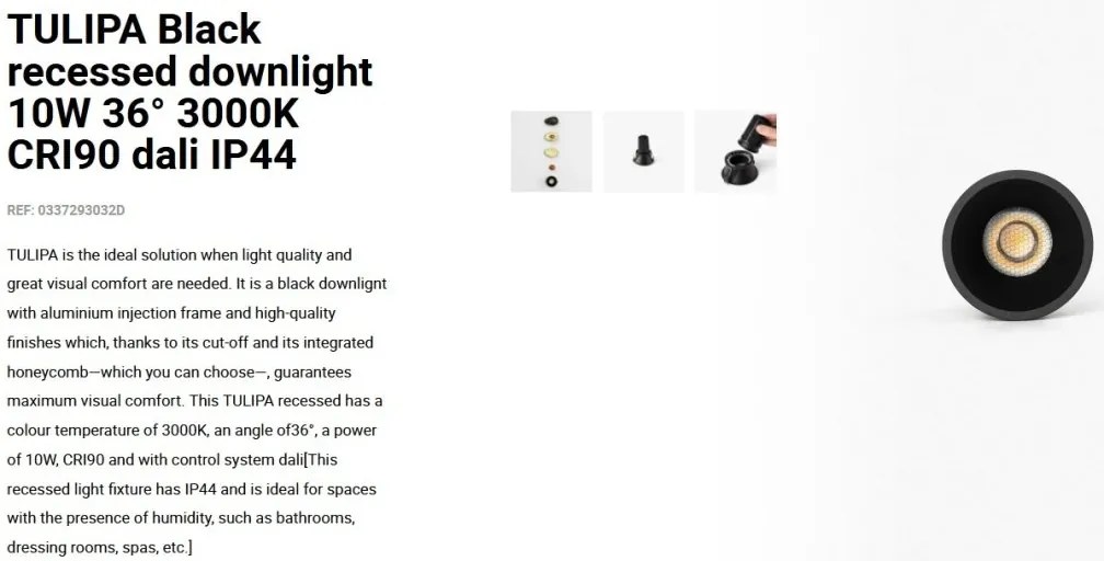 Spot LED incastrabil TULIPA Black recessed downlight 10W 36° 3000K CRI90 dali IP44