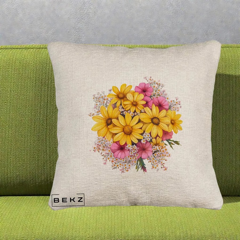 Perna Decorativa Floarea-Soarelui cu Cosmos Roz si Gypsophila, 40x40 cm, Bej Canapea, Husa Detasabila, Perna Inclusa, BEKZ®
