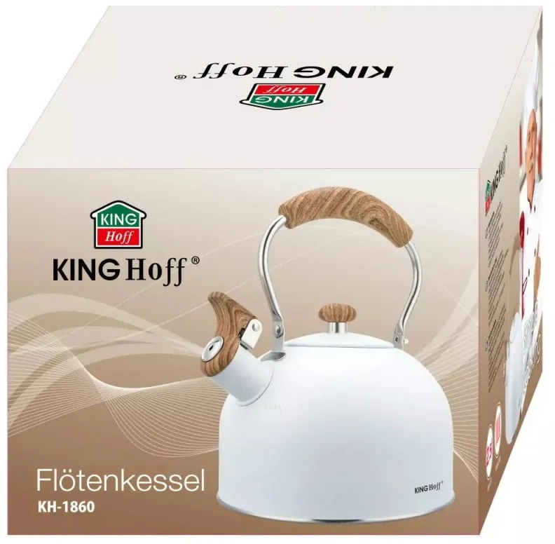 Ceainic cu fluier Kinghoff KH 1860, 2.5 l, Inductie, Maner din lemn, Alb