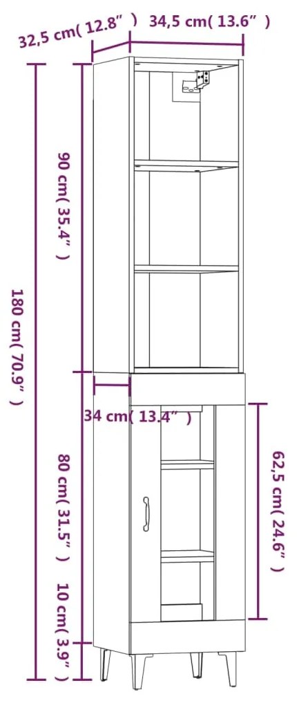 Dulap inalt, gri sonoma, 34,5x34x180 cm, lemn prelucrat