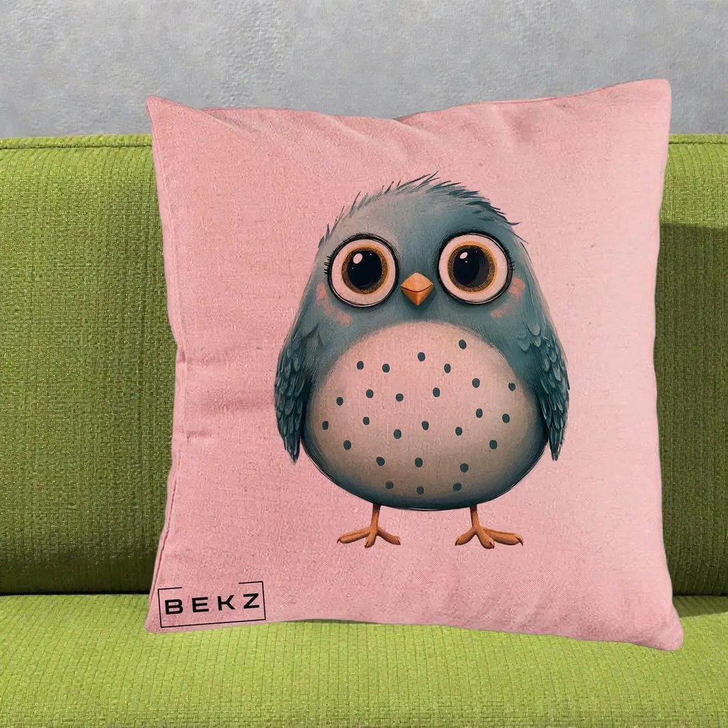 Perna Decorativa Pasare Teal cu Buline Teal, 40x40 cm, Roz, Husa Detasabila, Perna Inclusa, BEKZ®