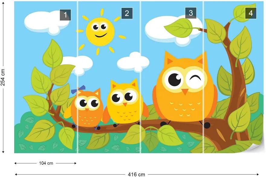 Fototapet GLIX - Kid'S Cartoon Owls In Tree + adeziv GRATUIT Tapet nețesute - 416x254 cm