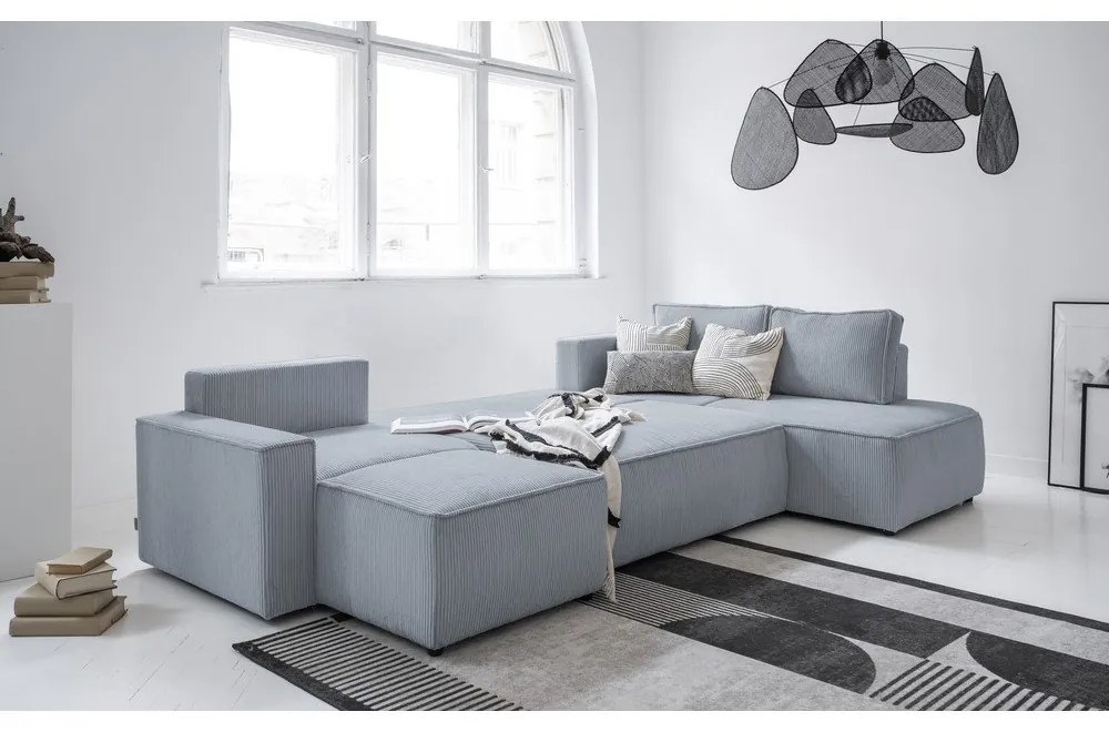 Colțar gri deschis extensibil cu tapițerie din catifea reiată (cu colț pe partea dreaptă/în formă de "U") Brave Dave – Miuform