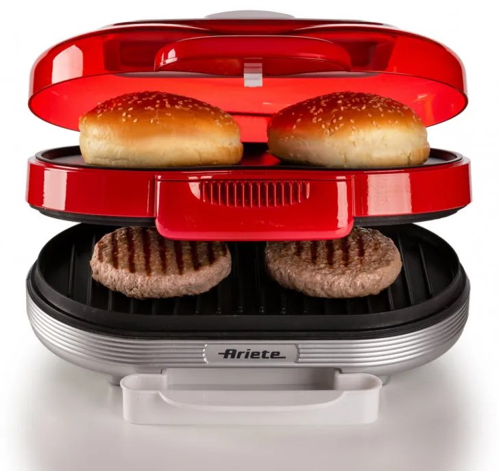 Aparat preparare burgeri Ariete Party Time 0205/00, 1200W, 2 compartimente, Placi neaderente, Tava detasabila, Rosu